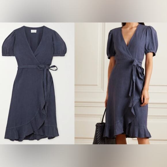 Honorine Charlotte Ruffle Wrap Dress 100% Linen Grey Blue Size Small - Picture 7 of 7